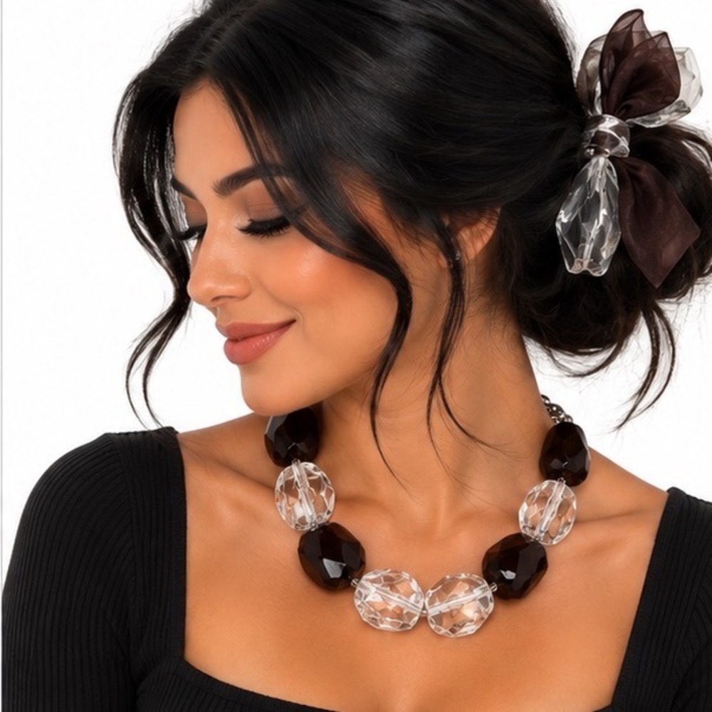 Chunky Faceted Resin Statement Necklace Black & Clear Geometric Bead Adjustable